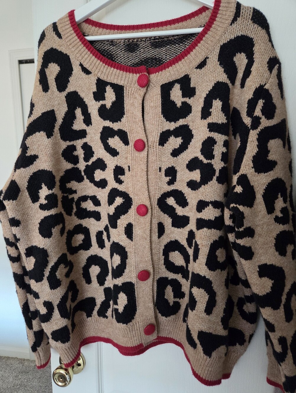 Women’s Leopard Print Cardigan Sweater - Beige with Black Spots and Red Trim